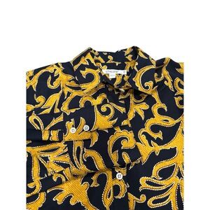 Chicos Shirt Size 6 Navy Blue & Gold Print Button Down Top